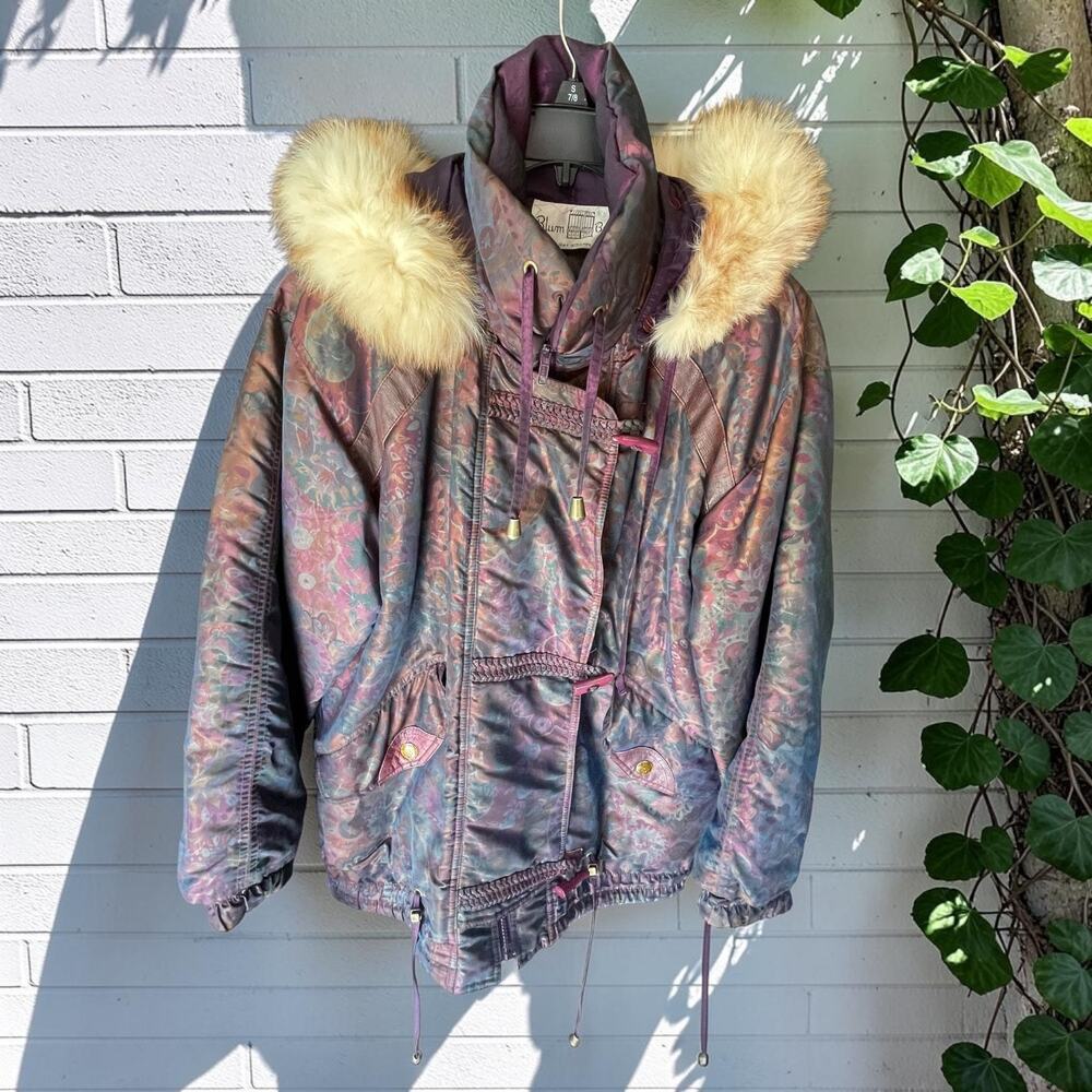 VTG 80s 90s Izzi Iridescent Tapestry Puffer Jacket Real Fox Fur Leather Trim S